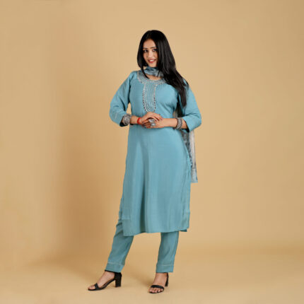 Sky Blue Silk Embroidered Kurta‑Pant‑Dupatta Set
